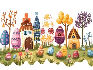 Naklejka premium Easter Wonderland: An inviting artistic composition with whimsically decorated Easter eggs and miniature houses nestled in a charming landscape