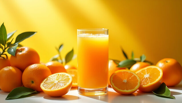 Flat Freshly squeezed orange juice in a glass surrounded by vibrant oranges under bright sunlight showcasing freshness and vitality concept as Vibrant oranges encircle a glass of freshly squeezed oran