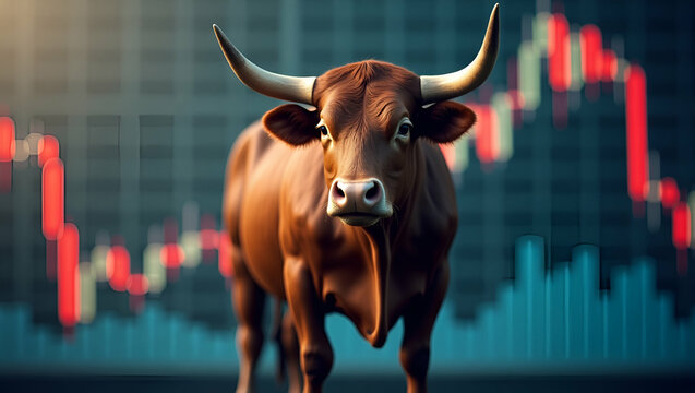 Flat A bull stands confidently in front of a stock chart symbolizing bullish market trend positive investor sentiment concept as A bull standing confidently in front of a stock chart symbolizing a bul