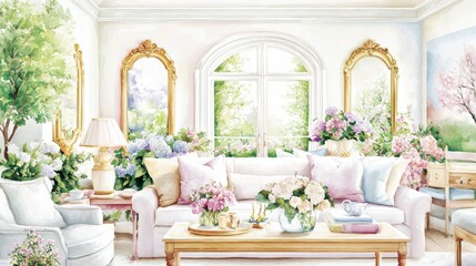 A bright, floral living room with elegant furnishings, large windows, and vibrant greenery, creating a fresh and inviting atmosphere.