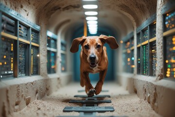 A cheerful dog energetically running in an illuminated tunnel with a sandy floor and colorful lights