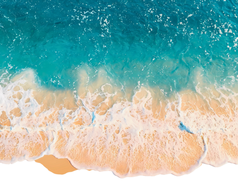 aerial view of ocean waves washing up on the sandy shore.