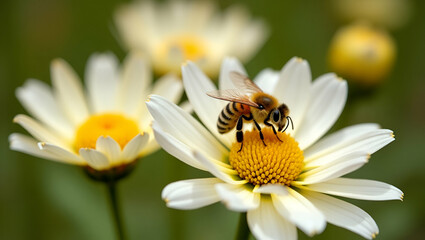 Flat Bee Collecting Nectar from White Chrysanthemum Flowers in Autumn Garden: A Cute Vector Illustration Showcasing Pollination and Natural Beauty