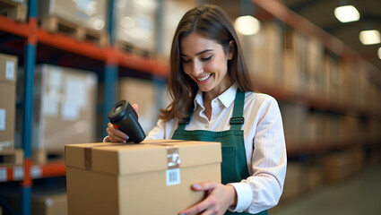 Female seller worker online store holding scanner scanning parcel barcode tag packing ecommerce post shipping box checking online retail store orders in dropshipping delivery service warehouse concept