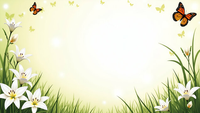 Easter lilies and butterflies border frame with graceful copy space for Easter concept as Elegant Easter lilies and fluttering butterflies framing graceful space for Easter messages in  Photo Stock  C