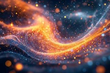 Orange and blue glowing particles create a cosmic abstract scene