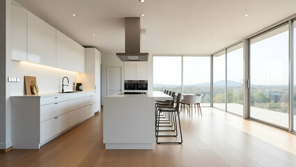 Stunning Modern White Kitchen Design with Wood Flooring, Recessed Lighting, and Balcony View - Perfect for Photo Stock Concepts with Ample Empty Space on the Left Side
