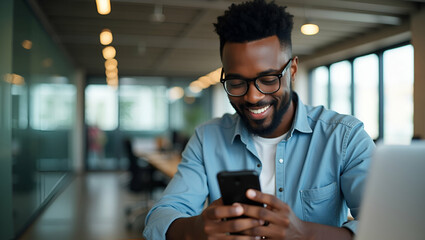 Flat Busy young African business man uses smartphone and laptop in office professional Black businessman entrepreneur or manager uses financial banking apps on cell phone technology at work concept as