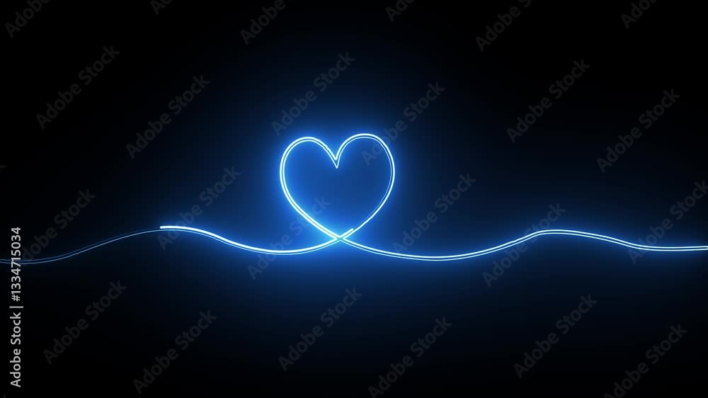 Poster glowing neon hearts as continuous line drawing on black background. self-drawing simple animation of