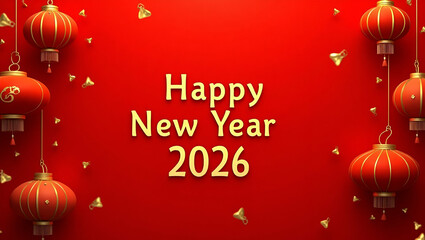 Flat Gold Happy New Year 2026 message with Chinese New Year decorations on red background symbolizing lunar year of snake. concept as Gold Happy New Year 2026 message with Chinese New Year decorations