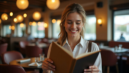 Smiling Young Woman in Restaurant Choosing Menu: A Symbol of Leisurely Modern Dining and Thoughtful Food Selection - Stock Photo with Empty Space for Customization