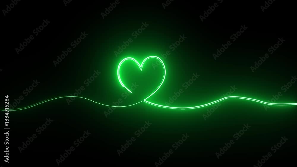 Poster glowing neon hearts as continuous line drawing on black background. self-drawing simple animation of