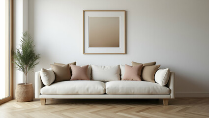 Flat Sofa arranged in room with picture frame on wall highlighting comfortable and stylish home living space. concept as Sofa arranged in room with picture frame on wall highlighting comfortable and s