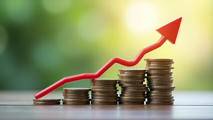 Inflation and recession impact on global economy with graph arrow pointing down on stacks of coins symbolizes financial decline. concept as Depicts economic instability focusing on inflation recession