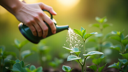 Close-Up of a Woman's Hand Watering a Young Green Plant: Illustrating Gardening Plant Care and Sustainable Living Concept in Stock Photo with Empty Space for Text on the Left