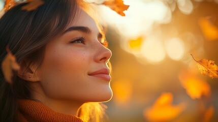 Fototapeta premium Young woman enjoying autumn sunlight with falling leaves in a serene outdoor setting during the golden hour