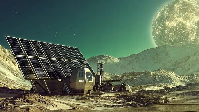 Lunar Outpost with Solar Panels: A futuristic lunar base featuring expansive solar panels, nestled within a desolate, yet captivating alien landscape. The scene evokes a sense of exploration.
