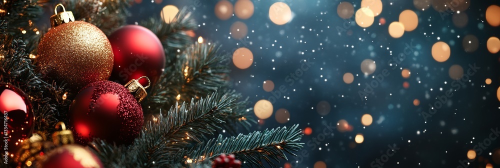 Poster enchanting christmas tree branch adorned with sparkling gold and deep red ornaments, illuminated by 