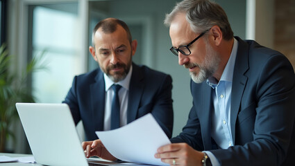 Fototapeta premium Flat Two senior corporate partners reviewing documents conferring on financial goals sharing laptop data forging strategic alignment. concept as Focused man and woman dissect reports chart next steps.