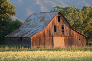 Fototapeta premium Charming Rustic Barn Illuminated by Evening Light with Majestic Mission Mountains in Pablo, Montana