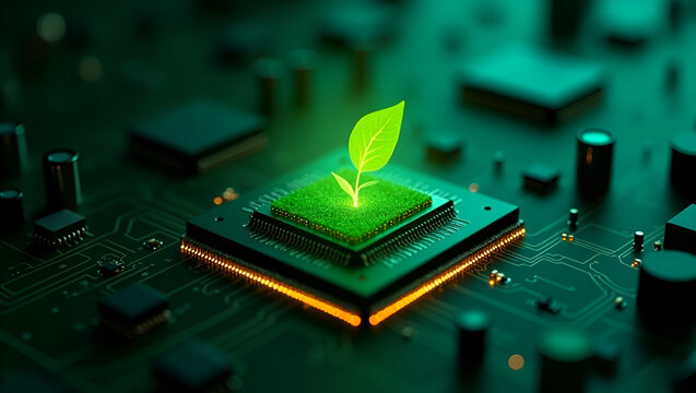 Exploring Green Technology: The Intersection of Eco-Conscious Computing and Circuit Board Innovations for a Sustainable Future - A Green World Icon on a Computer Chip