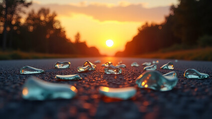 Broken glass scattered on road at sunset creating dramatic contrast with warm colors of sky concept as Broken glass scattered on road at sunset creating dramatic contrast with warm colors of sky in  P