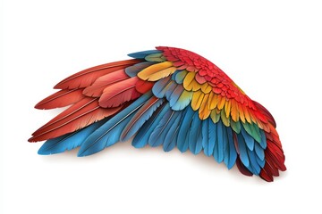 Obraz premium Vibrant and colorful bird wing design showcasing intricate feather details in red, blue, and yellow shades, perfect for creative projects.