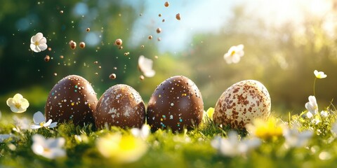 Colorful chocolate eggs on green grass surrounded by flowers during a sunny spring afternoon