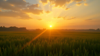 Sunrise over farm fields border providing space for World Farmers Day inspirational messages concept as Sunrise farm fields border offering space for inspirational messages celebrating farmers in  Pho
