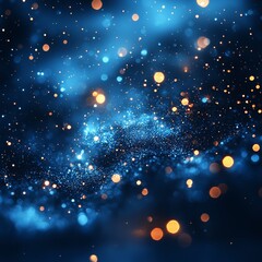 Obraz premium Enchanting cosmos illustration with sparkling dust, glowing particles and bokeh lights set against a deep blue and black background