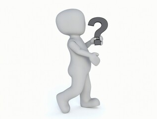 A white humanoid figure with a smooth, featureless design holds a large black question mark against a plain, light background, emphasizing minimalism.