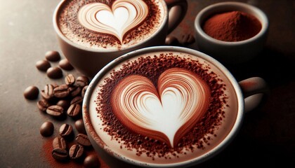 Close-up detail of two cups of coffee and hot chocolate, highlighting the heart-shaped latte art foam and cocoa powder sprinkle with high sharpness.
