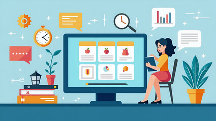 Fototapeta premium Unlocking Accessible Learning: Flat Online Education & E-Learning Webinar Design for Convenient Digital Coaching and Skill Development in Personal and Professional Growth