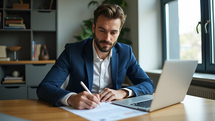 Obraz premium Flat Man in Home Office Typing Resume and CV on Laptop: A Cute Vector Illustration Symbolizing Job Hunting and Unemployment Preparedness for Job Applications