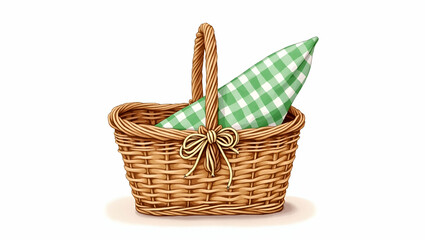 Obraz premium Flat Watercolor illustration of wicker picnic basket with green and white checkered cloth napkin tied with raffia bow on white background ideal for outdoor themes and lifestyle designs concept as Wate