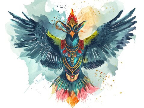 Minimalistic Watercolor Illustration of Legendary Bird with White Outline Edges and Mythological Significance