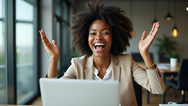 Happy excited young African American professional business woman executive celebrates success good results achievement in office at work sitting with computer at workplace looking at laptop concept as