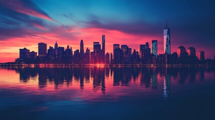Obraz premium City skyline illuminated by sunset reflecting on water with vibrant colors enhancing the urban landscape