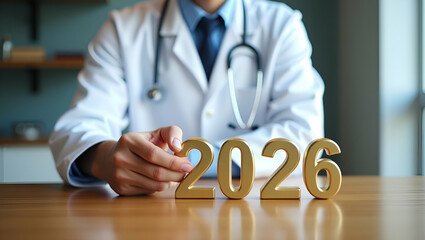 Doctor white uniform holding stethoscope gold wooden 2026 desk Happy New Year healthcare medical concepts new trend concept as Doctor in white uniform holding stethoscope with gold wooden 2026 on desk