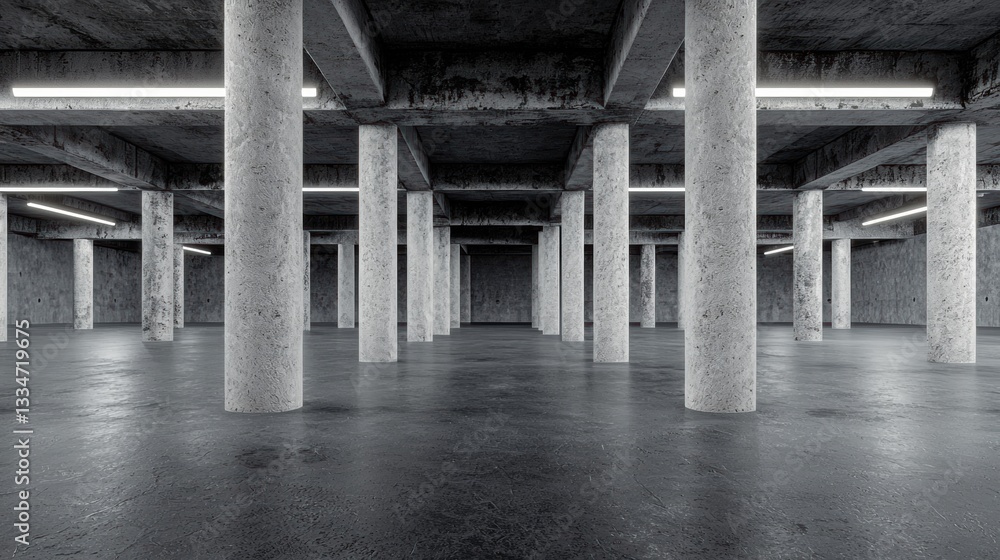 Poster a large, empty concrete parking garage with a high ceiling and rows of empty parking spaces.