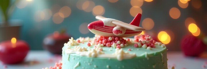 Close-up of airplane-shaped cake topper on festive dessert table, party decor, dessert, event