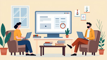 Vector Illustration Design for Online Education: E-Learning at Home with Webinar Training, Video Tutorials, and Business Coaching - Perfect for Stock Photos with Space for Customization