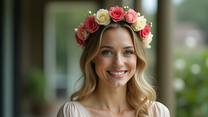 Flat Beautiful woman with a floral crown on her head concept as Beautiful woman adorned with a floral crown showcasing elegance and natural beauty in  Simple flat cute vector illustration of  smart bu