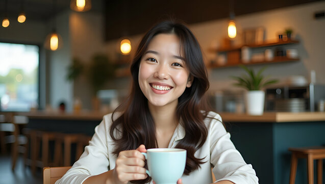 Flat Portrait of an Asian woman smiling and relaxing in a coffee shop cafe conveying happiness and comfort. concept as Asian woman smiling and relaxing in coffee shop cafe conveying happiness and comf - Powered by Adobe