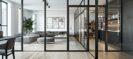 Modern Home Office and Living Room Separation with Aluminum Framed Glass Doors