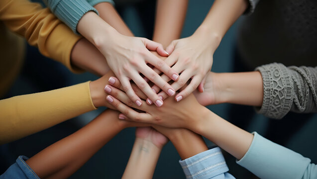 Close up of young people putting their hands together team with stack of hands showing unity and teamwork concept as Close up of young people stacking their hands together showcasing unity and teamwor