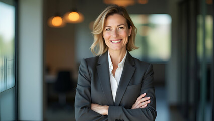 Flat Smiling mid aged businesswoman happy older lady entrepreneur and mature female executive manager stands with arms crossed in office looking at camera for portrait. concept as Smiling mid aged bus
