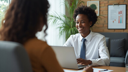 Female HR Professional Reviewing CV During Virtual Job Interview: Engaging Remote Recruitment with African Male Candidate via Video Call on Laptop - Stock Photo Concept