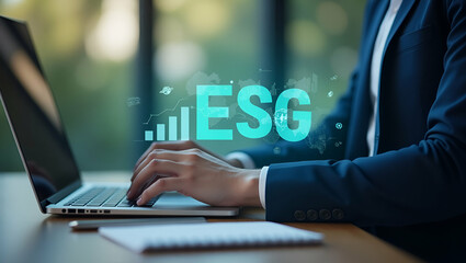 Businessman Using Laptop with ESG Icon: Integrating Modern Technologies and Environmental Safety in Responsible Investment Practices - Stock Photo Concept with Space for Text