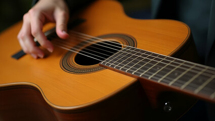 Traditional Wooden Folk Guitar: Captivating Acoustic Music Instrument Showcasing Classic Craftsmanship - Perfect for Stock Photos with Space for Text